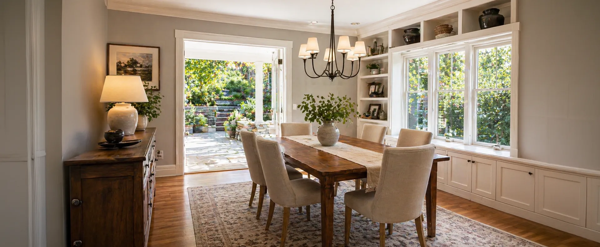 Elegant dining room overlooking garden with sunlight streaming indoors beautifully
