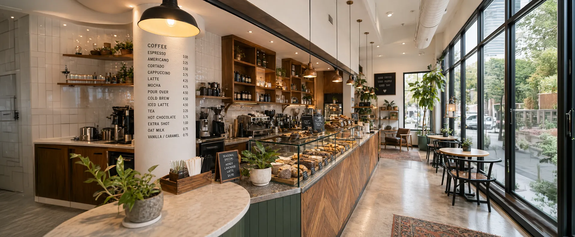 Modern coffee shop interior featuring pastries seating plants warmly illuminated