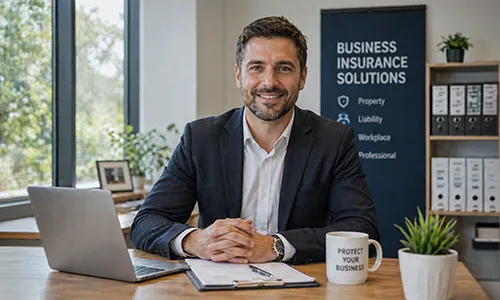 Business advisor seated beside insurance signage confidently smiling professionally indoors