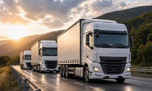 Two freight trucks driving highway at sunset together smoothly