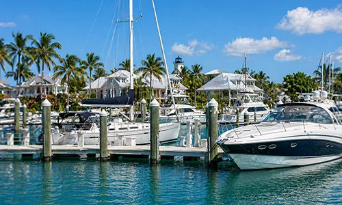 Luxury boats docked at marina beside waterfront homes peacefully today