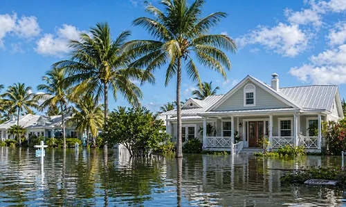 Coastal home surrounded by floodwaters under palm trees sunlight today