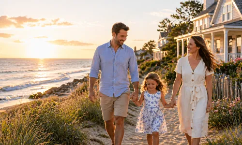 Family walking beach shoreline during sunset together happily barefoot
