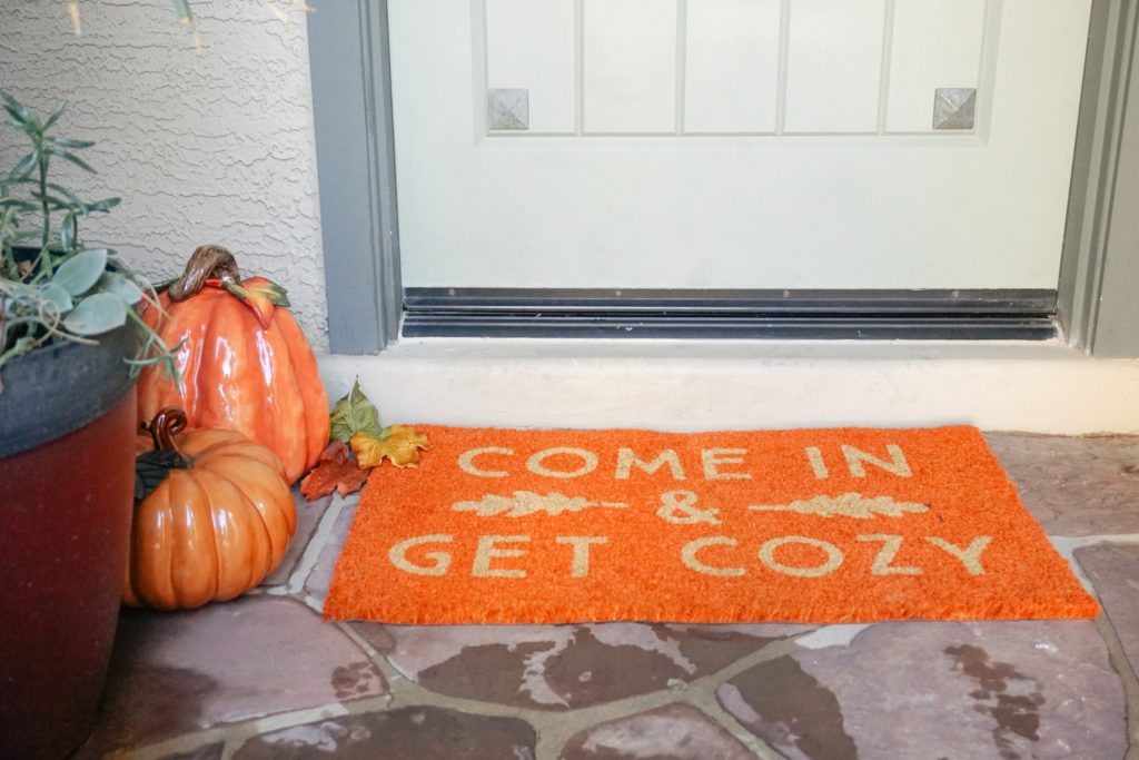 fall decor leaves and door mat